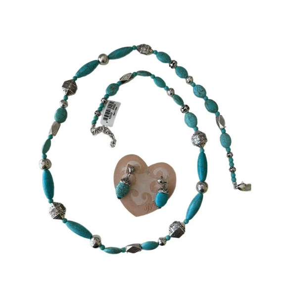 Brighton Turquoise & Silver Plated Beads Long Necklace Set Etched Design 17" - Picture 2 of 4
